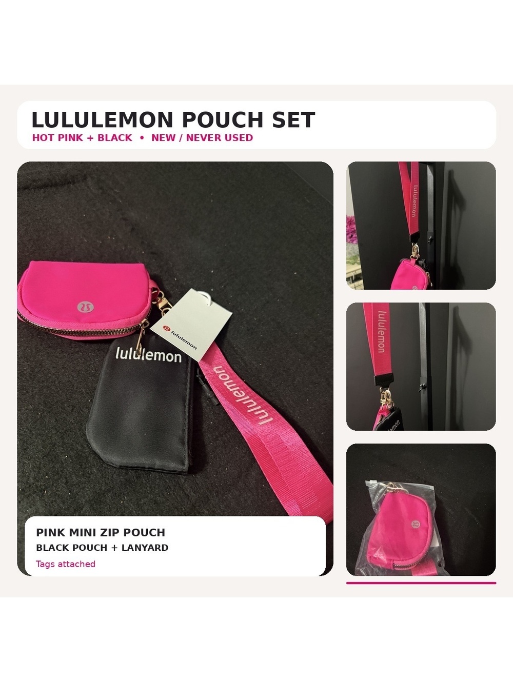 Lululemon Pink & Black Pouch Set with Lanyard